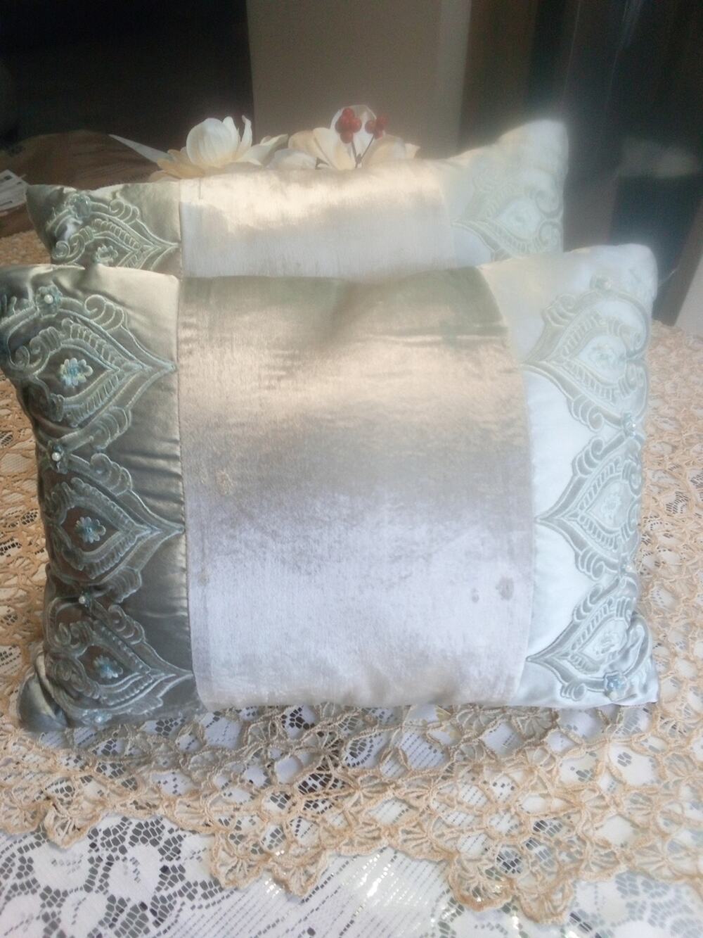 Two Decorative Velvet Embroidered Pillows - Pale Ice Blue 18"X13"